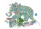 Floral background with tropical summer and spring flowers, palm leaves,  an elephant.