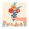 Floral banner. Square poster female hand hold blooming bouquet, bright cartoon flowers, cute creative decoration