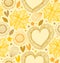 Floral beauty seamless pattern. Digital yellow backdrop with hearts and flowers