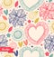 Floral beauty seamless pattern on the light background. Cute backdrop with hearts and flowers. Fabric decorative vintage texture.
