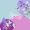 Floral Bloom Spring Banner with Purple Iris Flowers and Butterflies. Invitation, Poster, Greeting Card Flyer Template
