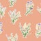 Floral blossom seamless pattern. Trendy field small flower vector texture. Hand drawing flowers on pink background