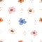 Floral boho seamless pattern with colorful daisies and polka dots on white background in doodle style