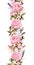 Floral border with pink peony flowers, cherry blossom, feathers. Seamless strip in boho style. Watercolor