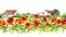 Floral border with poppies, rural farm houses. Watercolor meadow flowers, grass, herbs. Seamless strip frame