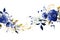 Floral border with watercolor cobalt and golden roses and leaves on white background