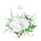 Floral bouquet: ivory white peony Rose flowers, Eucalyptus branch, greenery forest fern, asparagus leaves & plants botanical