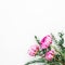 Floral bouquet of pink peonies, hypericum and eucalyptus branches on white background