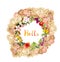 Floral card - Hello, ornate wreath. Meadow flowers, butterflies. Watercolor