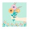 Floral card. Square poster with hand hold blooming bouquet, hand drawn cartoon flowers, cute creative decoration
