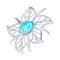 Floral carved platinum, white golden or silver brooch. charm or pendant with blue aquamarine or topaz.