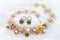 Floral chiffon necklace and earrings with akoya pearls and gold