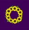 Floral circle wreath with sunflowers isolated on violet background for greeting card