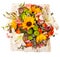 Floral composition with lily, sunflower, chrysanthemum, eustoma lisianthus astrantsiya, eucalyptus, shrub rose on wooden boards