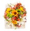 Floral composition with lily, sunflower, chrysanthemum, eustoma lisianthus astrantsiya, eucalyptus, shrub rose on wooden boards