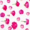 Floral composition with pink roses, petals and peonies on white background