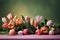 Floral composition of tulips on a green gradient background and empty space