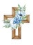 Floral cross. Wooden cross with blue flowers, fern, eucalyptus twigs. Baptism ceremony