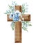 Floral cross. Wooden cross with blue flowers, fern, eucalyptus twigs. Baptism ceremony