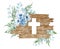 Floral cross. Wooden cross with blue flowers, fern, eucalyptus twigs. Baptism ceremony