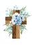 Floral cross. Wooden cross with blue flowers, fern, eucalyptus twigs. Baptism ceremony