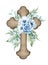 Floral cross. Wooden cross with blue flowers, fern, eucalyptus twigs. Baptism ceremony