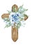 Floral cross. Wooden cross with blue flowers, fern, eucalyptus twigs. Baptism ceremony