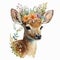 Floral Cute Baby Deer Fantasy: Watercolor with Boho Crown, Isolated on White background - Generative AI