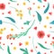 Floral decorative backdrop. Flowers blossoms and leaves flat vector retro seamless pattern