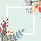 Floral decorative card template of autumn leaves and branches with berries. Hand-drawn flat-style plants in corners of blue