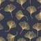 Floral decorative seamless pattern with golden ginkgo biloba leaves on grey background. Can be used for wallpaper