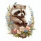 Floral Delight A Charming Watercolor of a Raccoon and Bouquet - Generative AI