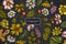 Floral design on dark background with celandine, chamomile, dog rose, hop, jerusalem artichoke, peppermint