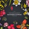 Floral design on dark background with ylang-ylang, impatiens, daffodil, tigridia, lotus, aquilegia