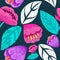 Floral digital hand drawn pattern. Cute pencile style drawing. Flowers on dark background. Pink, blue bright colors. Grunge textur