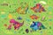 Floral dinosaurs. Bright sticker set. Vector illustration