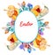 Floral Easter frame with angels. Bright, multicolored watercolor hand drawn Easter egg frame, lettering `Easter`.