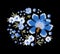 Floral embroidery. Beautiful composition with blue flowers on black background