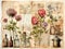 Floral ephemera old recipes paper. Vintage scrapbook page with flowers herbal oil bottles