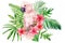 Floral exotic illustration with pink cockatoo parrot, tropical leaves, plumeria flowers. watercolor bird