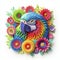 Floral Extravaganza: Kirigami Parrot Amidst a Riot of Colors, White Isolation for Artistic Brilliance