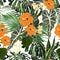 Floral fashion tropic wallpaper with palm leaves and exotic plants. Orange hand drawn hibiscus flower, on white background.