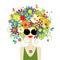 Floral female portrait, pretty woman in sunglasses. Design for fashion cards, banners, posters