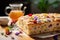 Floral focaccia with edible flower, veggies and herbs. Blooming bakery, bread art, food trend