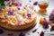 Floral focaccia with edible flower, veggies and herbs. Blooming bakery, bread art, food trend