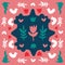 Floral folk doodle art square tile. Scandinavian style with traditional geometric shapes in festive colors. Folklore cliparts