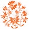 Floral folk pattern in circle containing set of orange- red color flowers