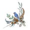 Floral forest arrangement watercolor illustration. Hand drawn elegant rustic decor with natural elements: bluebird, eucalyptus.