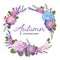 Floral frame with autumn hydrangea flowers, rose and lavender on white background.