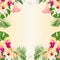 Floral frame background witht ropical flowers floral arrangement, with beautiful yellow orchid palm,philodendron and Brugmansia
